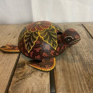 Hand-Painted Bobblehead Turtle Figurine Folk Art Dot Painted Decor Shelf Accent
